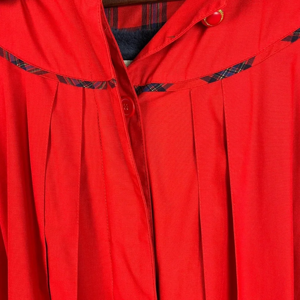 Rothschild Girls Red Hooded Dress Coat Plaid Trim Faux Fur Lined Size 12 Vintage